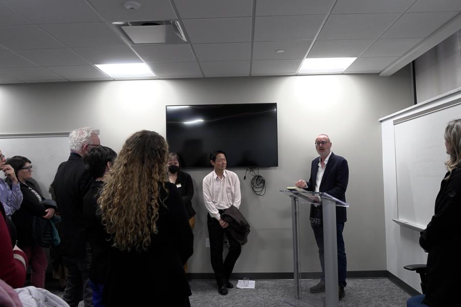 Roger Mac Ginty gives his remarks at the open house of the School of Peace and Conflict Studies renovated space on March 20, 2024